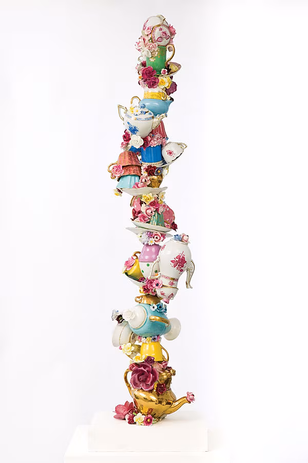 SHASHOU-tower--balance-5-front-135-h-x-37-w-cm-plinth-37-x-30-cm-herend,-royal-stuart-harlequin,-wedgwood,-royal-albert-and-winton-porcelain-roses,-white-jesmonite-base,-resin,-2024-1-highres-2