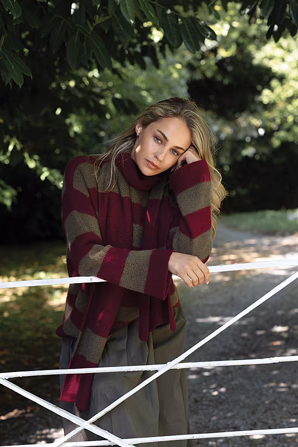Jake-Sweater-in-Olive-and-Burgundy---€550-and-Viv-Scarf-in-Burgundy-and-Olive---€260-copy