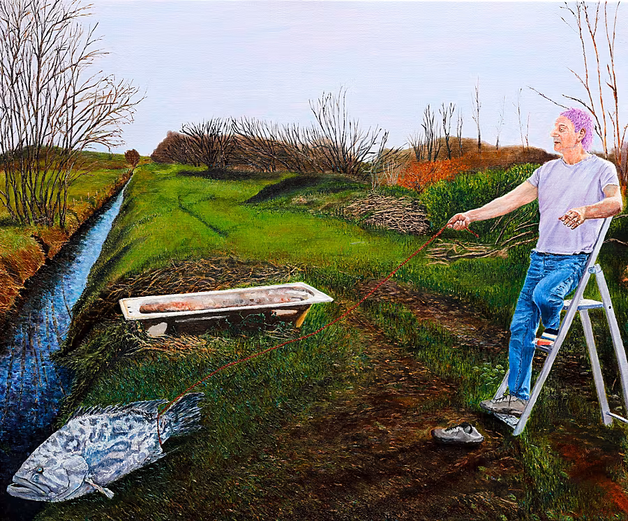 Self-Portrait-with-a-Pet-and-a-Bathtub,-oil-on-linen,-71-x-85-cm