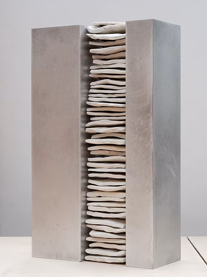 Corban-Walker,-Untitled-(Annihilation-Stream),-2025,-fired-porcelain,-aluminium-square-tubing,-40-x-24-x-10-cm