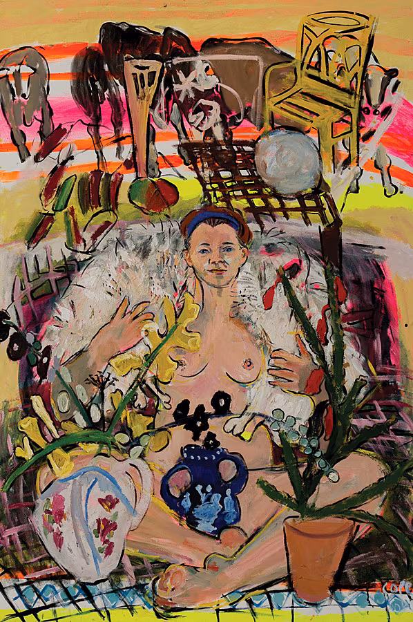 Elizabeth-Cope,-Helen-with-Deerskin-&-Cattle-(first-Menopausal-painting)-153x103cm-2004