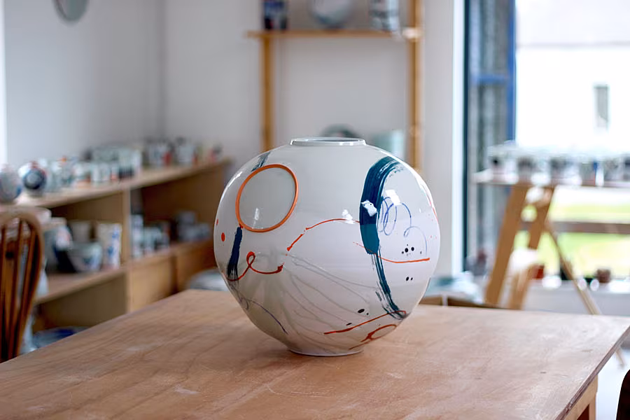 Adam-Frew-Large-Pot-with-Oranges-Ridges,-2025,-Porcelain,-celadon-glazed,-40x40x40cm
