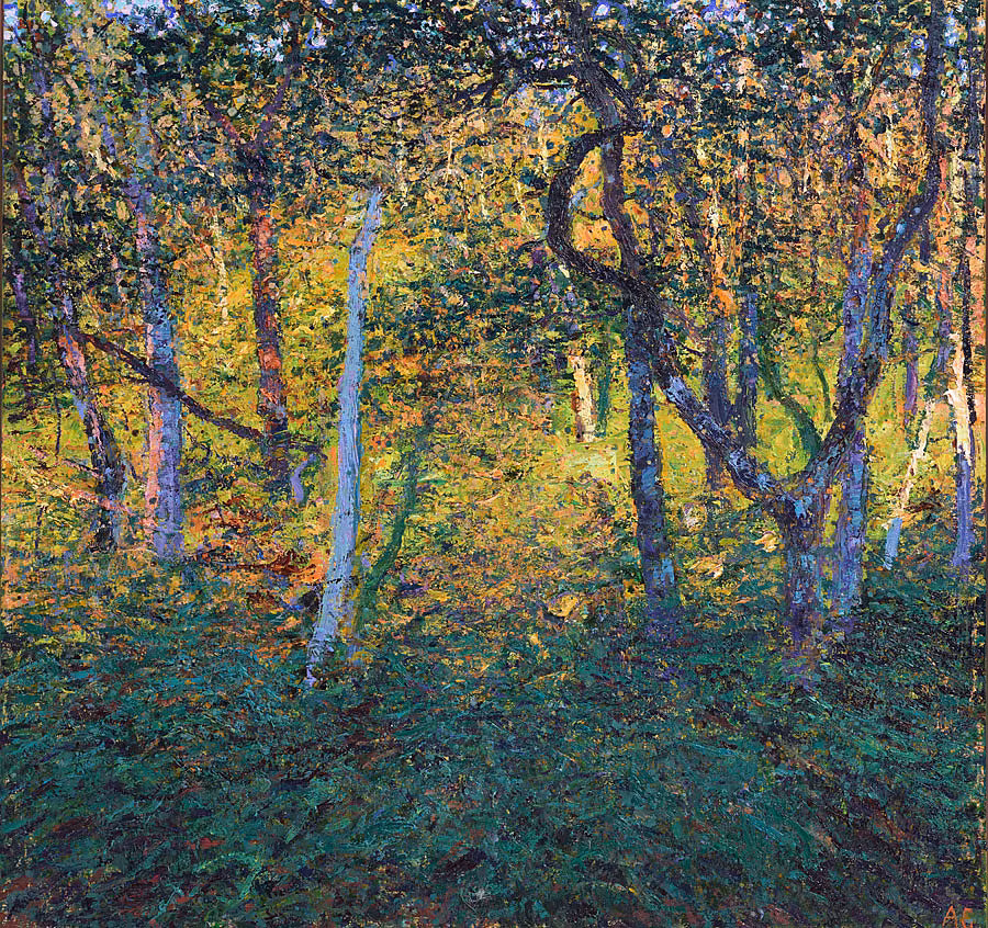 Andrew-Gifford_Early-Morning-Light-on-Oaks-near-Mallaig_oil-on-board,-2024_40x42cm