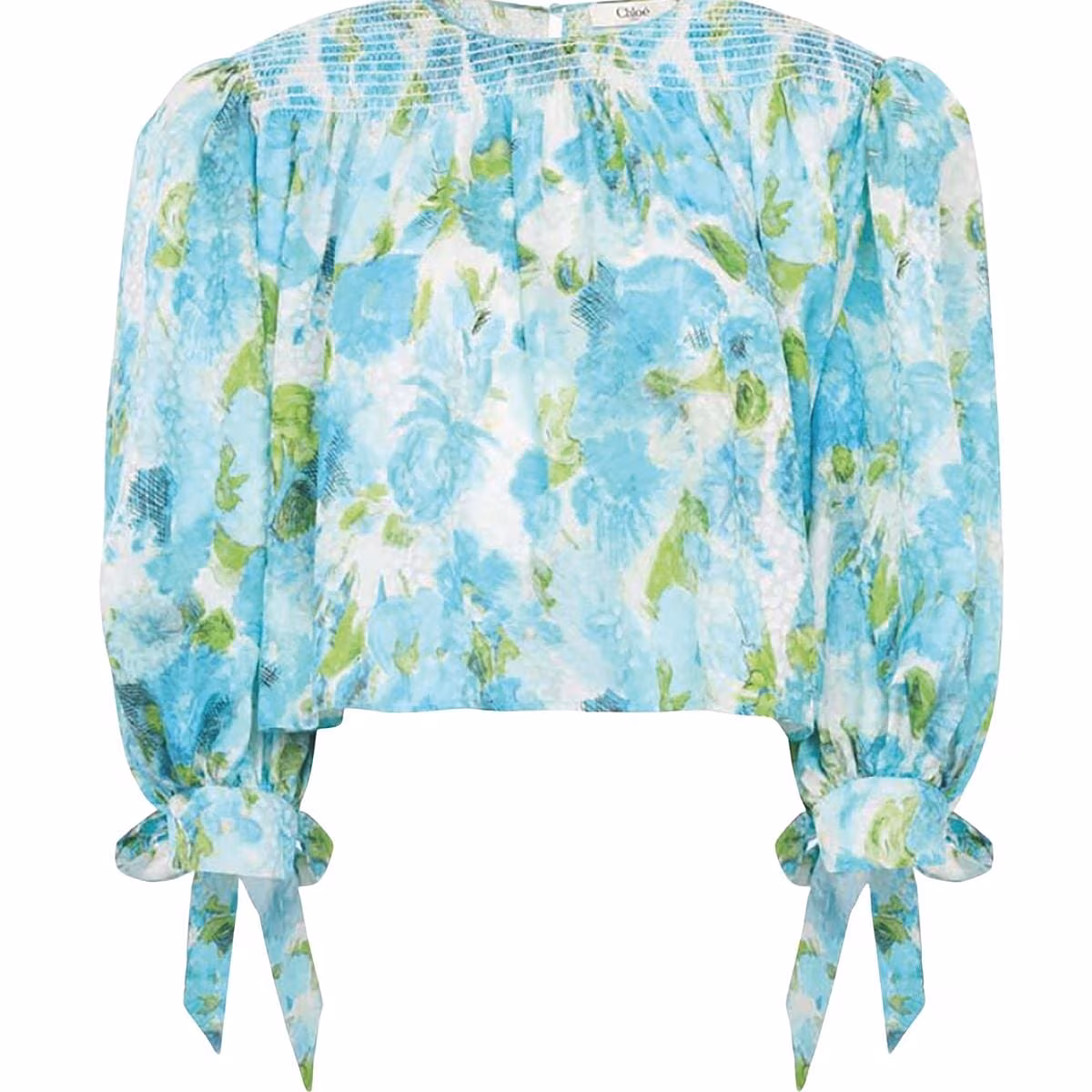 Blue smocked floral top, CHLOE?