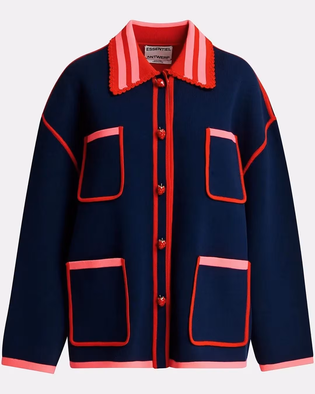 Navy, red and pink knit cardigan essentiel antwerp