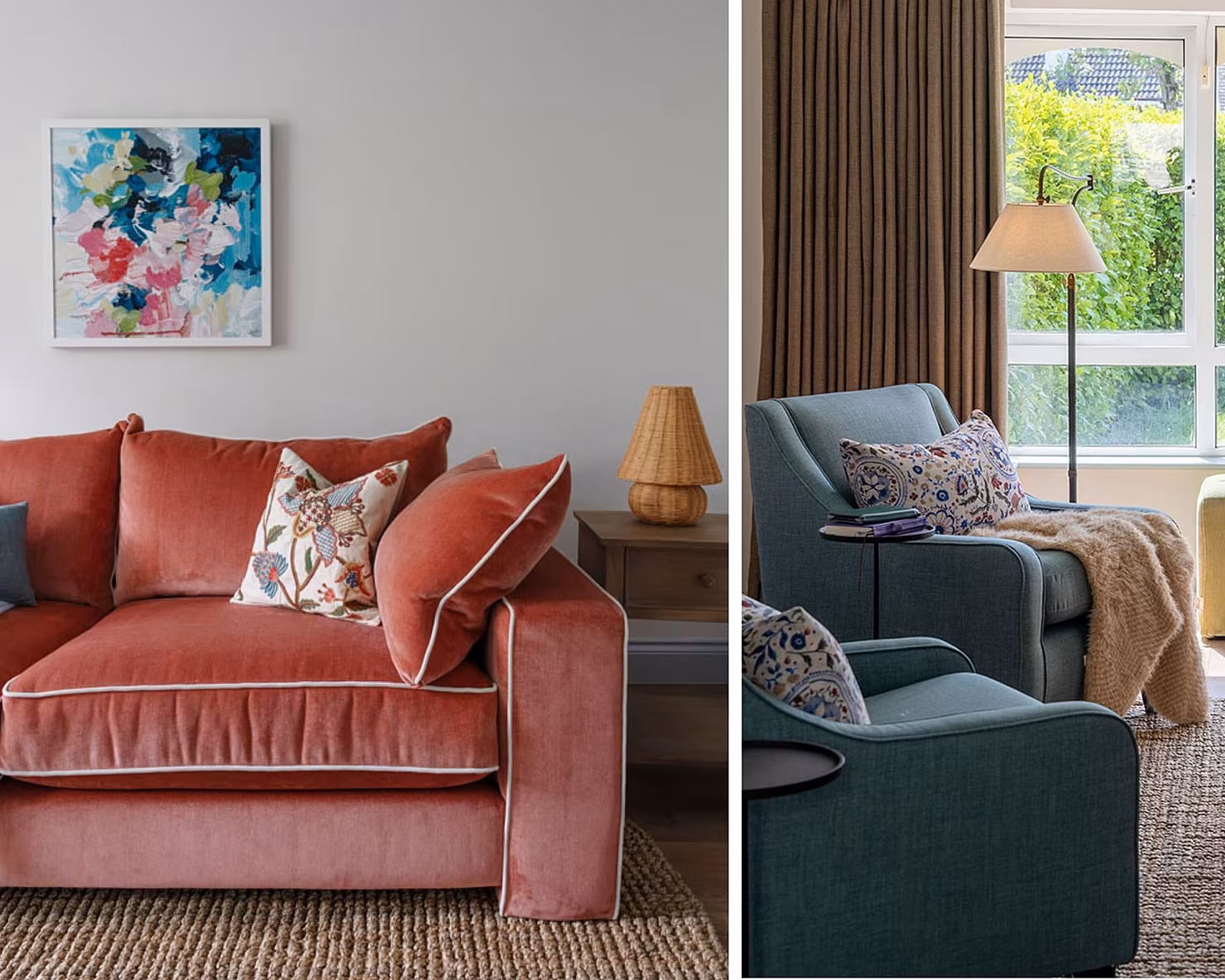 DFS Kian Accent Chair in Sky and Joules Gilmorton, available exclusively at DFS. Art by Caroline Duffy and rug by Kukoon