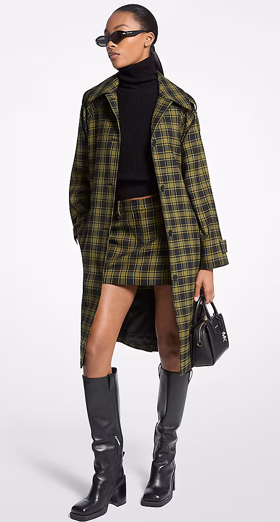 Michael Kors Plaid Stretch Wool Belted Balmacaan Coat